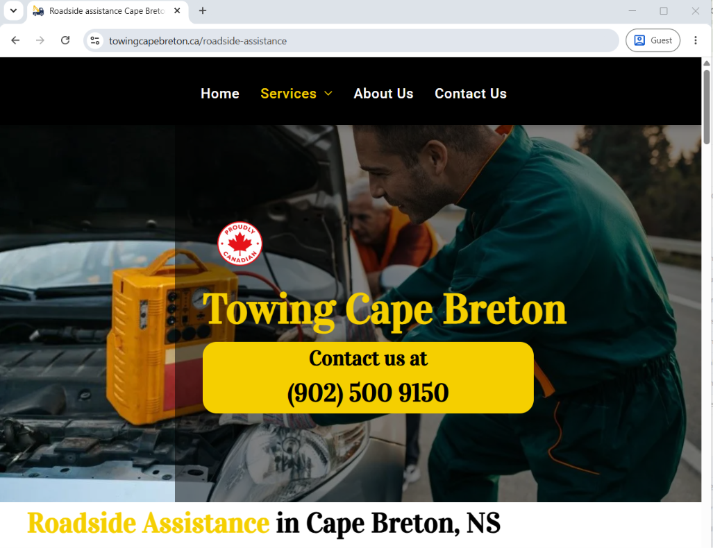 Towing Cape Breton roadside assistance page showing a technician jump-starting a car with a contact phone banner.