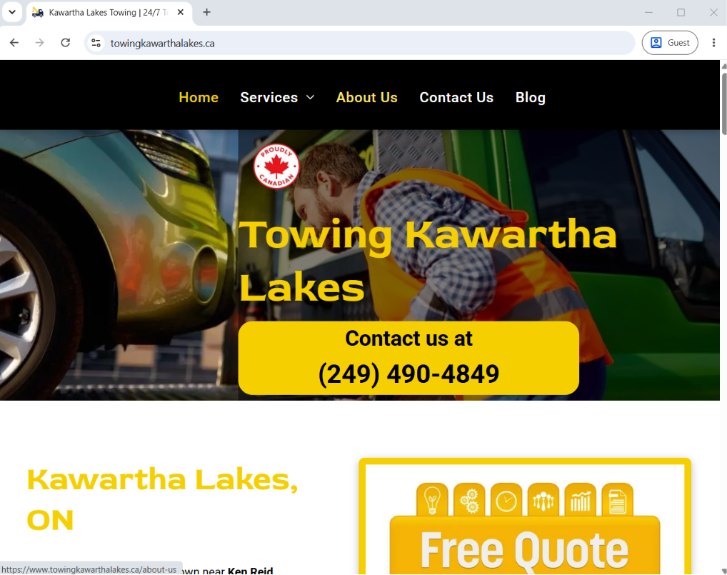 Towing Kawartha Lakes website homepage showing a tow operator loading a vehicle with a contact phone banner.