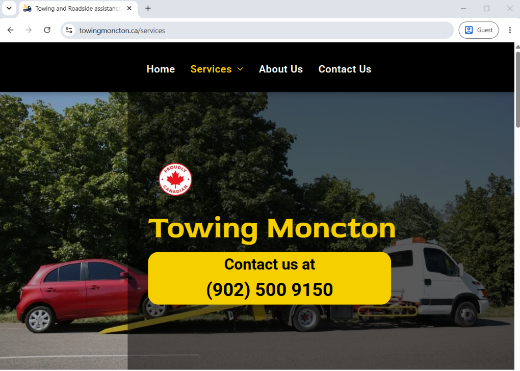 Towing Moncton services page showing a tow truck loading a red car with a contact phone banner.