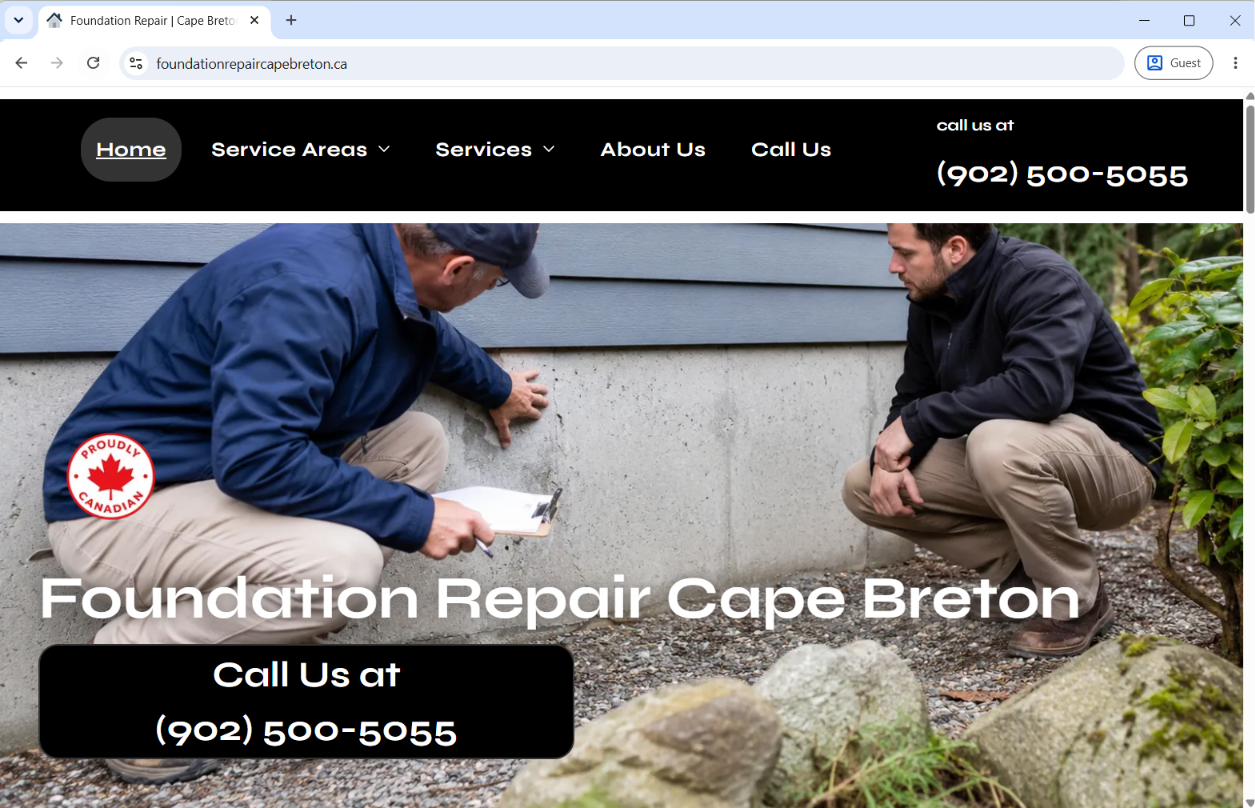 Foundation Repair Cape Breton website homepage showing inspectors examining a house foundation with a call-us phone banner.