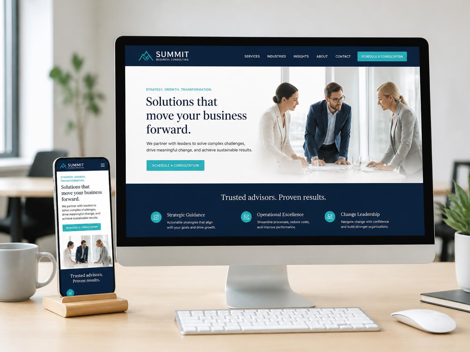 Responsive business website displayed on a desktop monitor and a smartphone on a bright office desk.